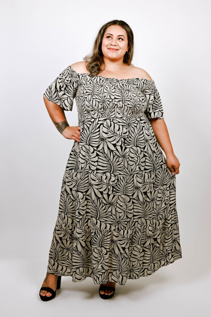 smock dress off the shoulder Off-Shoulder Smocked Puff Sleeve Maxi Dress 0(SMALL) / GRAY